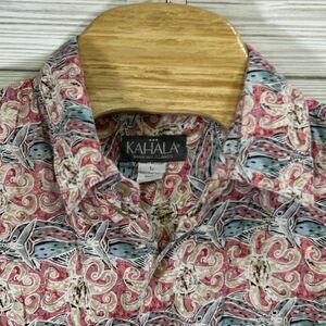 Kahala Hawaiian‎ Islands Aloha Shirt Hawaii Fish Pink & Blue Sz Lg Mosaic Button